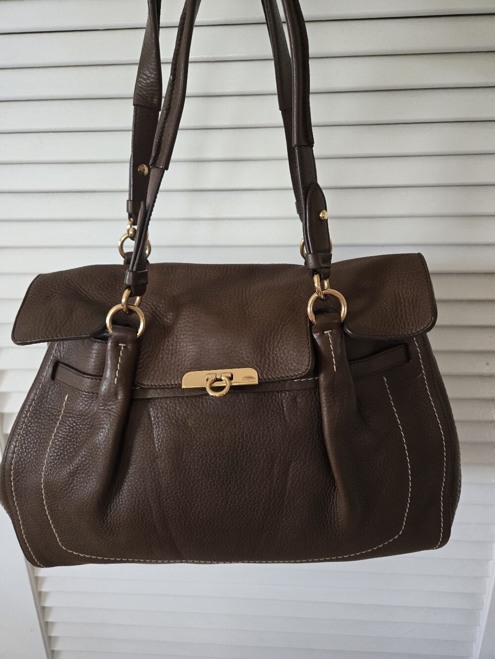 Salvatore Ferragamo Flap Brown Gancini Calfskin Leather Handbag Gold Logo